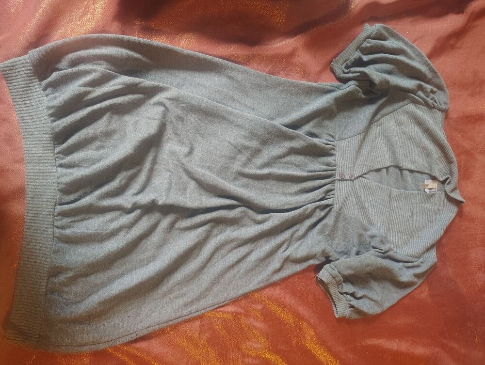 Womens Sweater Dress Gray Short Sleeve Empire Waist Ribbed Hem Button Front